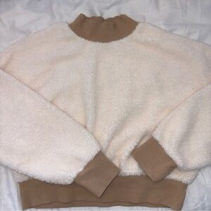 FABLETICS Cozy Women's Cream Sherpa Pullover with Tan Trim